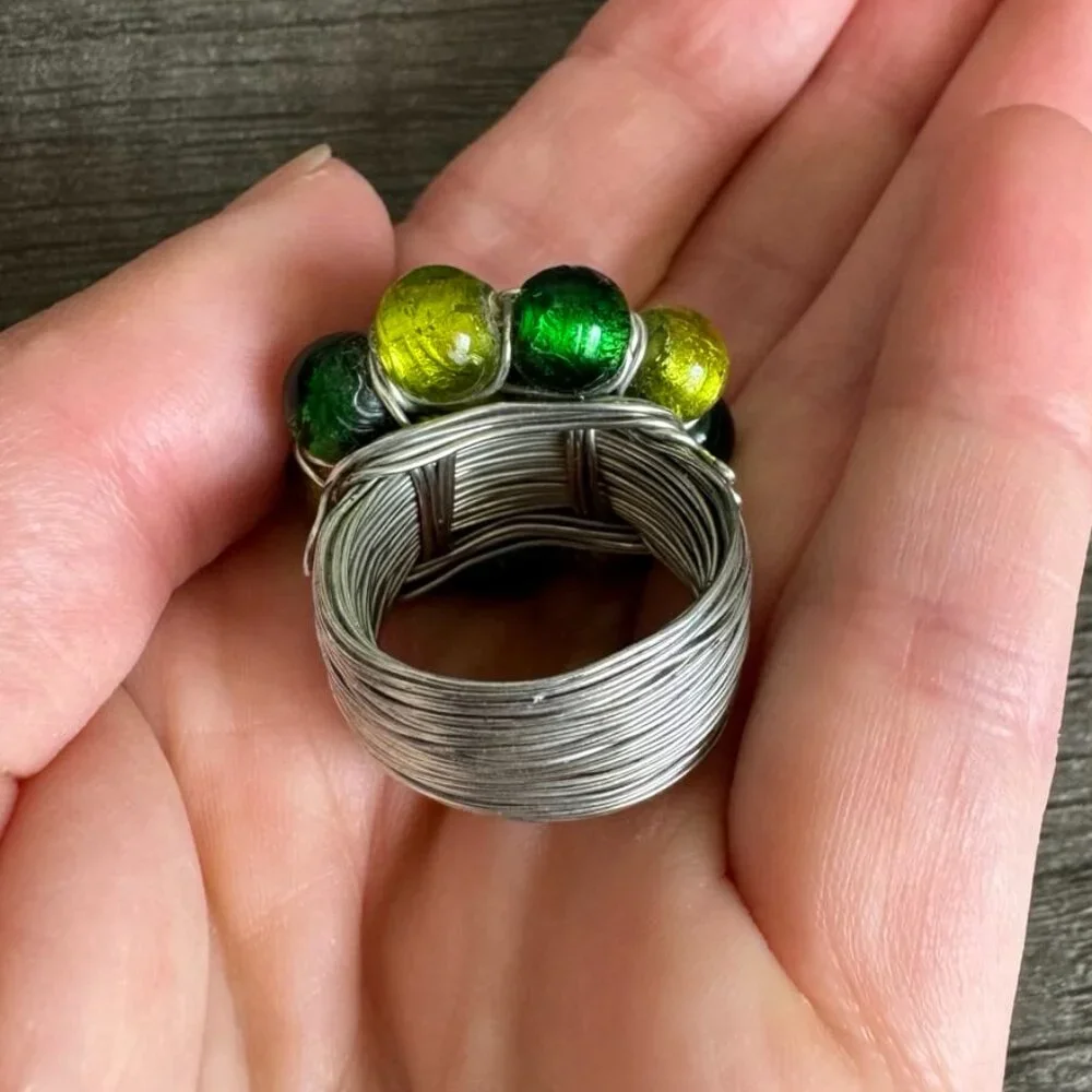 Handmade Wire-Wrapped Stainless Ring with Green & Yellow Glass Beads Size, 5.5